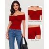 image:imageMANGOPOP Off The Shoulder Tops for Women Ruched Short Sleeve Going Out Shirt Cute Casual Basic Summer Outfits 2026Red