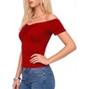 image:imageMANGOPOP Off The Shoulder Tops for Women Ruched Short Sleeve Going Out Shirt Cute Casual Basic Summer Outfits 2026Red