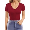 image:imageMANGOPOP Womens Double Lined Short Long Sleeve Tops V Neck T Shirts Fitted Basic TeeA03 Short Sleeve Burgundy