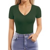 image:imageMANGOPOP Womens Double Lined Short Long Sleeve Tops V Neck T Shirts Fitted Basic TeeA03 Short Sleeve Deep Green