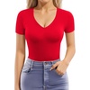 image:imageMANGOPOP Womens Double Lined Short Long Sleeve Tops V Neck T Shirts Fitted Basic TeeA03 Short Sleeve Red