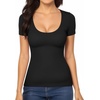 image:imageMANGOPOP Womens Scoop Neck Slim Fitted Short Sleeve Double Lined T Shirt Tight Basic Tops Y2K Tee01 Black