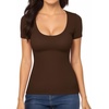 image:imageMANGOPOP Womens Scoop Neck Slim Fitted Short Sleeve Double Lined T Shirt Tight Basic Tops Y2K TeeBrown
