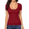 image:imageMANGOPOP Womens Scoop Neck Slim Fitted Short Sleeve Double Lined T Shirt Tight Basic Tops Y2K TeeBurgundy