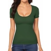 image:imageMANGOPOP Womens Scoop Neck Slim Fitted Short Sleeve Double Lined T Shirt Tight Basic Tops Y2K TeeDeep Green