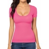 image:imageMANGOPOP Womens Scoop Neck Slim Fitted Short Sleeve Double Lined T Shirt Tight Basic Tops Y2K TeePink