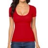 image:imageMANGOPOP Womens Scoop Neck Slim Fitted Short Sleeve Double Lined T Shirt Tight Basic Tops Y2K TeeRed