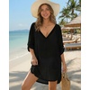 image:imageMANGOPOP Womens Swimsuit Cover Up Shirt V Neck 34 Sleeve Bathing Suit Coverup 2026 Summer Vacation Beach Cover Ups OutfitsBlack