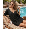 image:imageMANGOPOP Womens Swimsuit Cover Up Shirt V Neck 34 Sleeve Bathing Suit Coverup 2026 Summer Vacation Beach Cover Ups OutfitsBlack