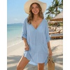 image:imageMANGOPOP Womens Swimsuit Cover Up Shirt V Neck 34 Sleeve Bathing Suit Coverup 2026 Summer Vacation Beach Cover Ups OutfitsBlue
