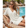 image:imageMANGOPOP Womens Swimsuit Cover Up Shirt V Neck 34 Sleeve Bathing Suit Coverup 2026 Summer Vacation Beach Cover Ups OutfitsWhite