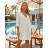 image:imageMANGOPOP Womens Swimsuit Cover Up Shirt V Neck 34 Sleeve Bathing Suit Coverup 2026 Summer Vacation Beach Cover Ups OutfitsWhite