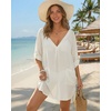 image:imageMANGOPOP Womens Swimsuit Cover Up Shirt V Neck 34 Sleeve Bathing Suit Coverup 2026 Summer Vacation Beach Cover Ups OutfitsWhite