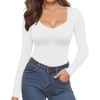 image:imageMANGOPOP Womens T Shirt Sweetheart V Neck Long Sleeve Short Sleeve Basic Tight Tops TeeA1 Long Sleeve White