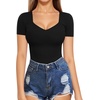 image:imageMANGOPOP Womens T Shirt Sweetheart V Neck Long Sleeve Short Sleeve Basic Tight Tops TeeA1 Short Sleeve Black