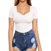 image:imageMANGOPOP Womens T Shirt Sweetheart V Neck Long Sleeve Short Sleeve Basic Tight Tops TeeA1 Short Sleeve White
