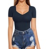 image:imageMANGOPOP Womens T Shirt Sweetheart V Neck Long Sleeve Short Sleeve Basic Tight Tops TeeShort Sleeve Deep Blue