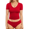 image:imageMANGOPOP Womens Double Lined Short Long Sleeve Tops V Neck T Shirts Fitted Basic TeeA03 Short Sleeve Red