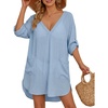 image:imageMANGOPOP Womens Swimsuit Cover Up Shirt V Neck 34 Sleeve Bathing Suit Coverup 2026 Summer Vacation Beach Cover Ups OutfitsBlue