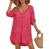image:imageMANGOPOP Womens Swimsuit Cover Up Shirt V Neck 34 Sleeve Bathing Suit Coverup 2026 Summer Vacation Beach Cover Ups OutfitsRose Pink