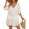 image:imageMANGOPOP Womens Swimsuit Cover Up Shirt V Neck 34 Sleeve Bathing Suit Coverup 2026 Summer Vacation Beach Cover Ups OutfitsWhite