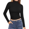 image:imageMANGOPOP Womens Turtleneck Mock Neck Shirt Double Lined Long Sleeve Short Sleeve Tops for Women Basic T Shirts Tight Tee03 Long Sleeve Black