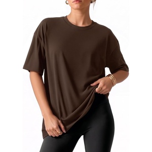 image:imageMANGOPOP Half Sleeve Oversized Tops for Women Crew Neck Loose Fit Casual Summer Trendy Back Seams T Shirt Tops 2026Coffee