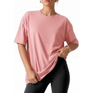 image:imageMANGOPOP Half Sleeve Oversized Tops for Women Crew Neck Loose Fit Casual Summer Trendy Back Seams T Shirt Tops 2026Pink