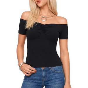 image:imageMANGOPOP Off The Shoulder Tops for Women Ruched Short Sleeve Going Out Shirt Cute Casual Basic Summer Outfits 2026Black