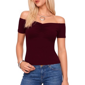 image:imageMANGOPOP Off The Shoulder Tops for Women Ruched Short Sleeve Going Out Shirt Cute Casual Basic Summer Outfits 2026Burgundy