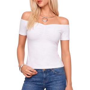 image:imageMANGOPOP Off The Shoulder Tops for Women Ruched Short Sleeve Going Out Shirt Cute Casual Basic Summer Outfits 2026Creamy White