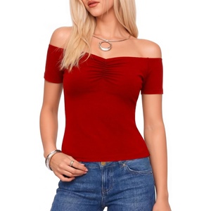 image:imageMANGOPOP Off The Shoulder Tops for Women Ruched Short Sleeve Going Out Shirt Cute Casual Basic Summer Outfits 2026Red