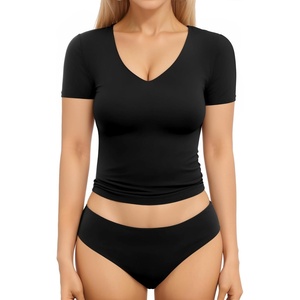 image:imageMANGOPOP Womens Double Lined Short Long Sleeve Tops V Neck T Shirts Fitted Basic TeeA01 Short Sleeve Black
