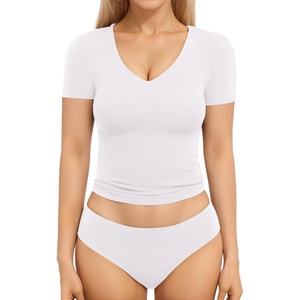image:imageMANGOPOP Womens Double Lined Short Long Sleeve Tops V Neck T Shirts Fitted Basic TeeA01 Short Sleeve White
