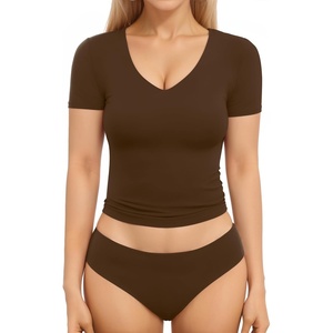 image:imageMANGOPOP Womens Double Lined Short Long Sleeve Tops V Neck T Shirts Fitted Basic TeeA03 Short Sleeve Brown