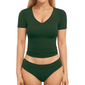 image:imageMANGOPOP Womens Double Lined Short Long Sleeve Tops V Neck T Shirts Fitted Basic TeeA03 Short Sleeve Deep Green