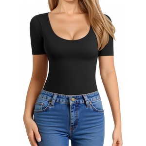 image:imageMANGOPOP Womens Scoop Neck Slim Fitted Short Sleeve Double Lined T Shirt Tight Basic Tops Y2K Tee01 Black