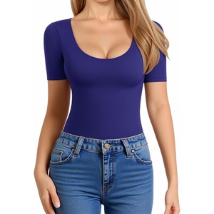 image:imageMANGOPOP Womens Scoop Neck Slim Fitted Short Sleeve Double Lined T Shirt Tight Basic Tops Y2K TeeDeep Blue