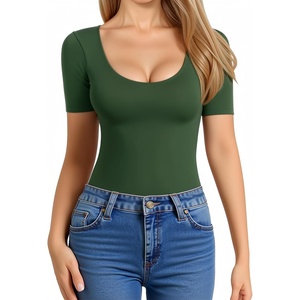 image:imageMANGOPOP Womens Scoop Neck Slim Fitted Short Sleeve Double Lined T Shirt Tight Basic Tops Y2K TeeDeep Green