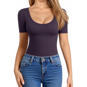 image:imageMANGOPOP Womens Scoop Neck Slim Fitted Short Sleeve Double Lined T Shirt Tight Basic Tops Y2K TeeDeep Purple
