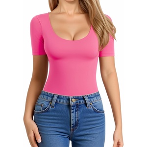 image:imageMANGOPOP Womens Scoop Neck Slim Fitted Short Sleeve Double Lined T Shirt Tight Basic Tops Y2K TeePink