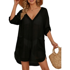 image:imageMANGOPOP Womens Swimsuit Cover Up Shirt V Neck 34 Sleeve Bathing Suit Coverup 2026 Summer Vacation Beach Cover Ups OutfitsBlack