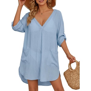 image:imageMANGOPOP Womens Swimsuit Cover Up Shirt V Neck 34 Sleeve Bathing Suit Coverup 2026 Summer Vacation Beach Cover Ups OutfitsBlue