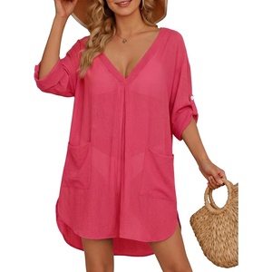 image:imageMANGOPOP Womens Swimsuit Cover Up Shirt V Neck 34 Sleeve Bathing Suit Coverup 2026 Summer Vacation Beach Cover Ups OutfitsRose Pink