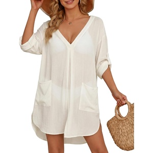 image:imageMANGOPOP Womens Swimsuit Cover Up Shirt V Neck 34 Sleeve Bathing Suit Coverup 2026 Summer Vacation Beach Cover Ups OutfitsWhite
