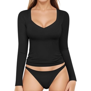 image:imageMANGOPOP Womens T Shirt Sweetheart V Neck Long Sleeve Short Sleeve Basic Tight Tops TeeA1 Long Sleeve Black