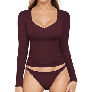 image:imageMANGOPOP Womens T Shirt Sweetheart V Neck Long Sleeve Short Sleeve Basic Tight Tops TeeLong Sleeve Burgundy