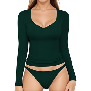 image:imageMANGOPOP Womens T Shirt Sweetheart V Neck Long Sleeve Short Sleeve Basic Tight Tops TeeLong Sleeve Deep Green