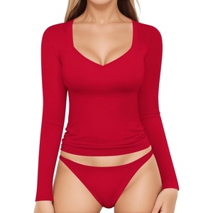 image:imageMANGOPOP Womens T Shirt Sweetheart V Neck Long Sleeve Short Sleeve Basic Tight Tops TeeLong Sleeve Red