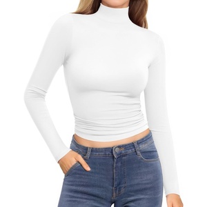 image:imageMANGOPOP Womens Turtleneck Mock Neck Shirt Double Lined Long Sleeve Short Sleeve Tops for Women Basic T Shirts Tight Tee04 Long Sleeve White